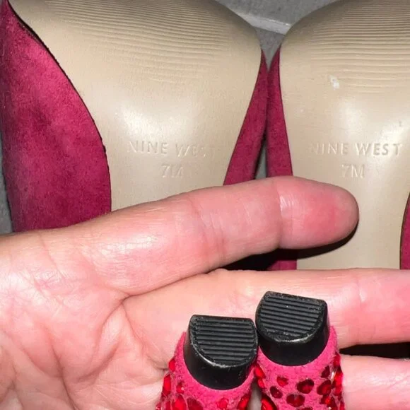 Nine West Pink Suede High Crystals Embellished Heels - Picture 6 of 10